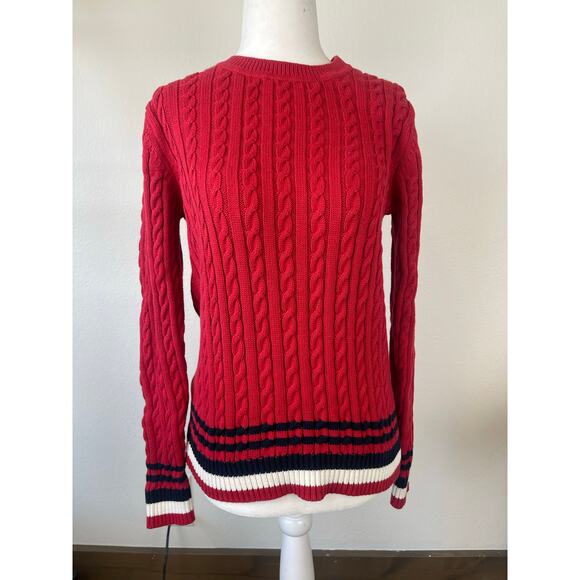 Vintage 100% Cotton Tommy Hilfiger Red Classic Striped Cable Knit Sweater Size S - Picture 2 of 7